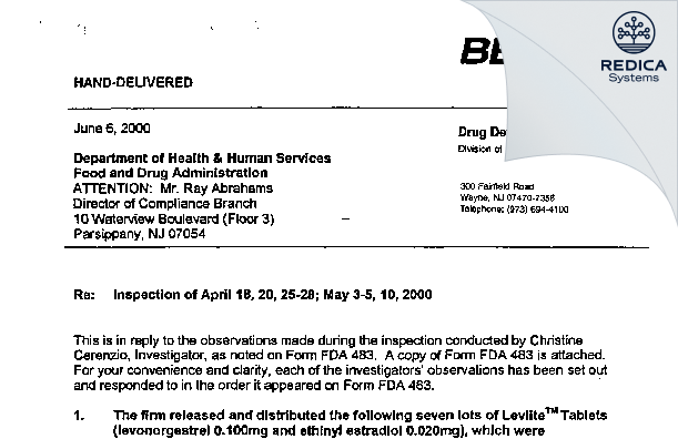 FDA 483 Response - Bayer HealthCare LLC [Morristown / United States of America] - Download PDF - Redica Systems