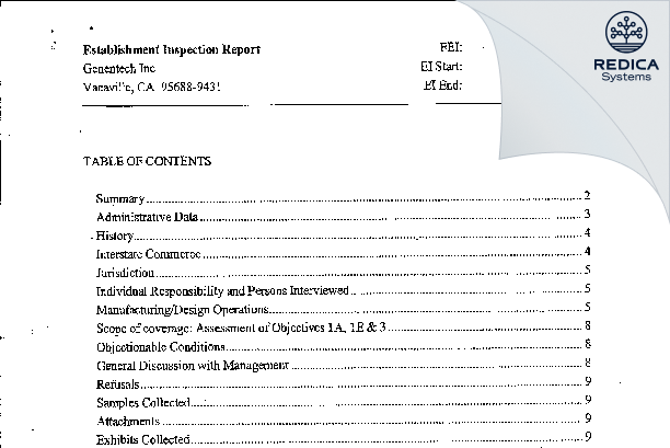 EIR - Genentech, Inc. [Vacaville California / United States of America] - Download PDF - Redica Systems