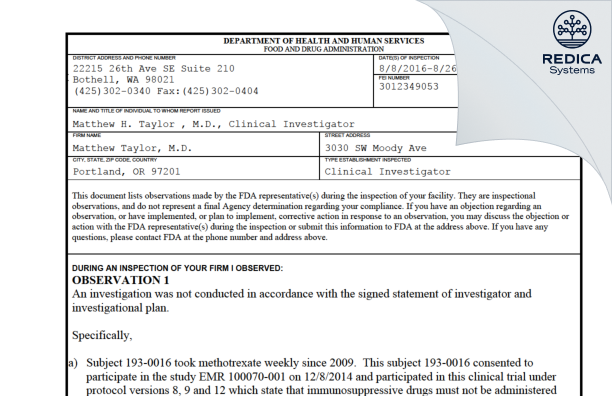 FDA 483 - Matthew Taylor, M.D. [Portland / United States of America] - Download PDF - Redica Systems