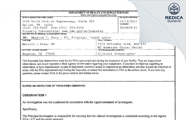 FDA 483 - Merrick I Ross, MD [Houston / United States of America] - Download PDF - Redica Systems