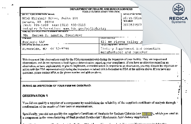 FDA 483 - Hyalogic LLC [Riverside / United States of America] - Download PDF - Redica Systems