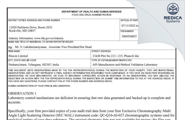 FDA 483 - Biocon Limited [India / India] - Download PDF - Redica Systems