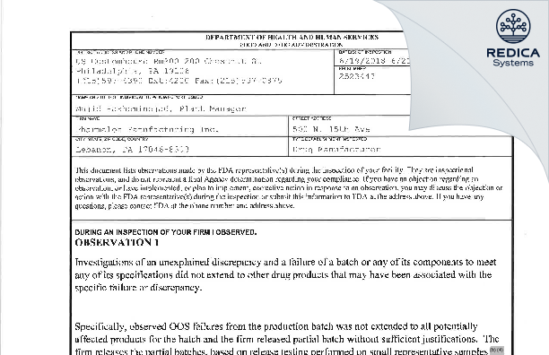 FDA 483 - Pharmaloz Manufacturing, Inc. [Lebanon / United States of America] - Download PDF - Redica Systems