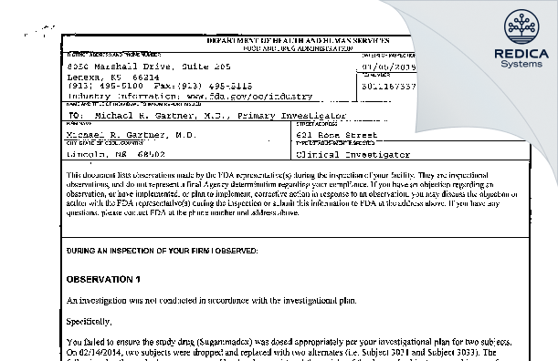 FDA 483 - Michael R. Gartner, M.D. [Lincoln / United States of America] - Download PDF - Redica Systems