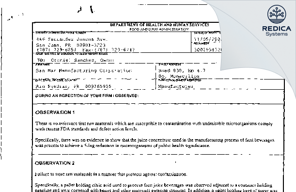FDA 483 - San Mar Manufacturing, Corp. [Catano / United States of America] - Download PDF - Redica Systems