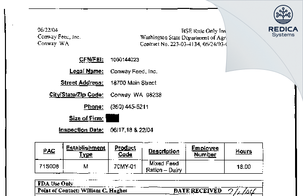 EIR - Conway Feed Inc [Conway / United States of America] - Download PDF - Redica Systems