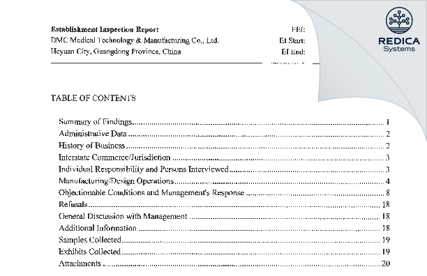 EIR - DMC Medical Technology & Manufacturing Co., Ltd. [Heyuan City / China] - Download PDF - Redica Systems