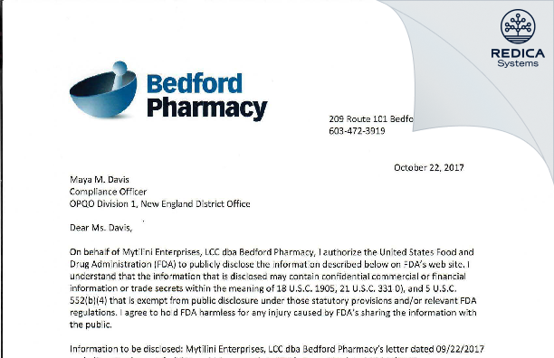 FDA 483 Response - Mytilini Enterprises LLC dba Bedford Pharmacy Inc. [Bedford / United States of America] - Download PDF - Redica Systems