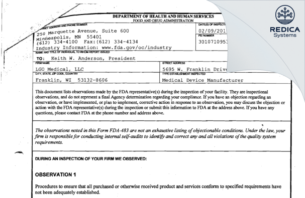FDA 483 - LGO Medical, LLC [Franklin / United States of America] - Download PDF - Redica Systems