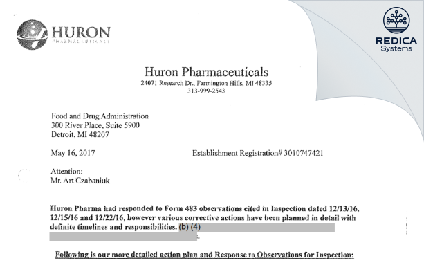 FDA 483 Response - Huron Pharmaceuticals, Inc. [Farmington Hills / United States of America] - Download PDF - Redica Systems