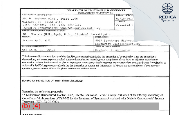 FDA 483 - Kamran Ayub [Oak Lawn / United States of America] - Download PDF - Redica Systems