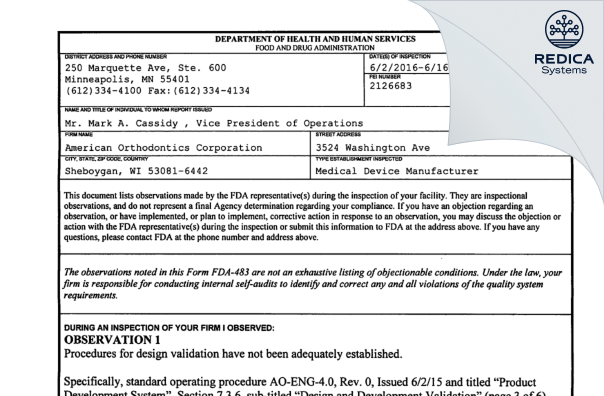 FDA 483 - American Orthodontics Corporation [Sheboygan / United States of America] - Download PDF - Redica Systems