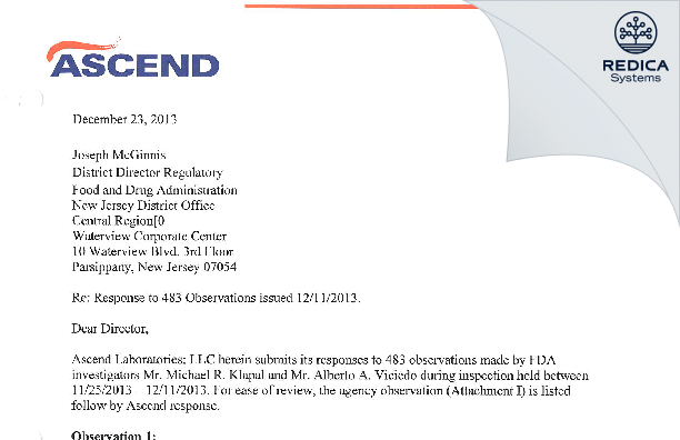 FDA 483 Response - Ascend Laboratories, LLC [Parsippany / United States of America] - Download PDF - Redica Systems