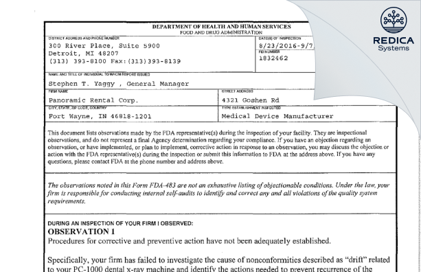 FDA 483 - Panoramic Rental Corp. [Fort Wayne / United States of America] - Download PDF - Redica Systems