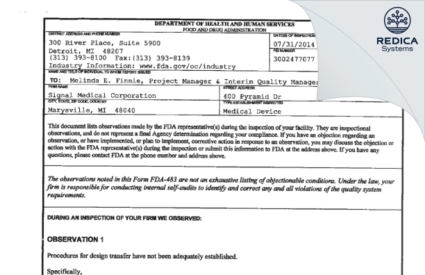 FDA 483 - Signal Medical Corporation [Marysville / United States of America] - Download PDF - Redica Systems