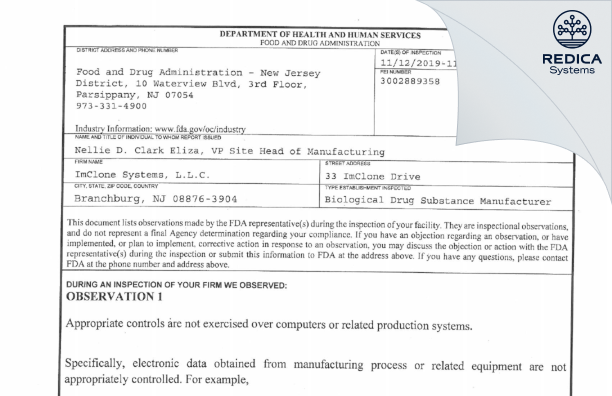FDA 483 - ImClone Systems LLC [Jersey / United States of America] - Download PDF - Redica Systems