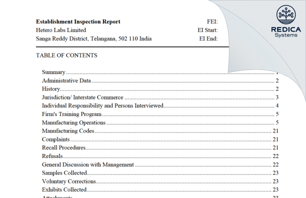 EIR - Hetero Labs Limited [India / India] - Download PDF - Redica Systems