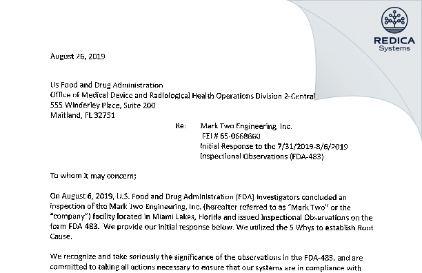FDA 483 Response - Mark Two Engineering Inc. [Miami Lakes / United States of America] - Download PDF - Redica Systems