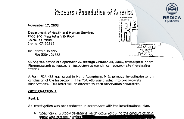 FDA 483 Response - Rosenberg, Mario Z. MD [Los Angeles / United States of America] - Download PDF - Redica Systems