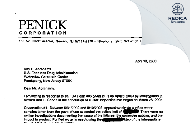 FDA 483 Response - Penick Corp [Pennsville / United States of America] - Download PDF - Redica Systems