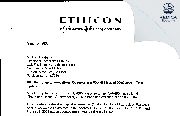 FDA 483 Response - Ethicon, Inc. [Somerville / United States of America] - Download PDF - Redica Systems