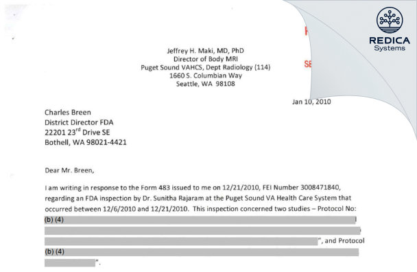 FDA 483 Response - Dr. Maki , Jeffrey [Seattle / United States of America] - Download PDF - Redica Systems