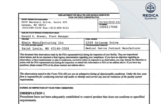 FDA 483 - Rhein Manufacturing Inc [Saint Louis / United States of America] - Download PDF - Redica Systems