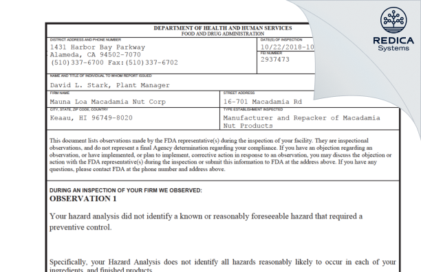 FDA 483 - Mauna Loa Macadamia Nut Company, LLC [Keaau / United States of America] - Download PDF - Redica Systems