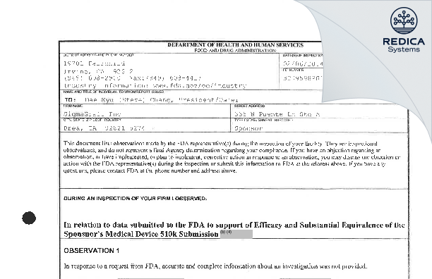 FDA 483 - SigmaGraft Inc [Fullerton / United States of America] - Download PDF - Redica Systems