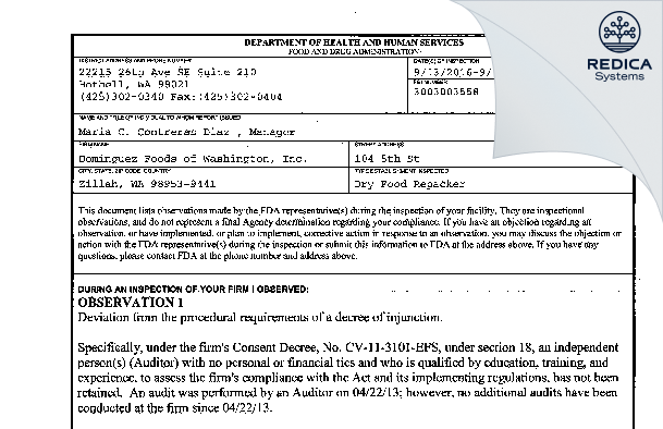 FDA 483 - Dominguez Foods of Washington, Inc. [Zillah / United States of America] - Download PDF - Redica Systems