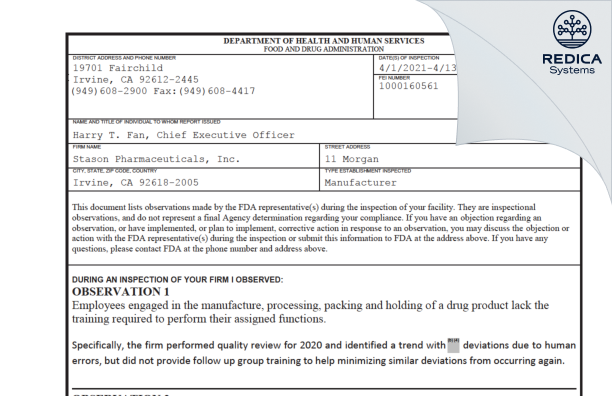FDA 483 - Stason Pharmaceuticals, Inc. [Irvine / United States of America] - Download PDF - Redica Systems