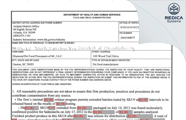 FDA 483 - Diamond Pet Foods, LLC [Gaston / United States of America] - Download PDF - Redica Systems