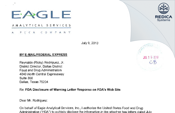 FDA 483 Response - Eagle Analytical Services, Ltd. [Houston / United States of America] - Download PDF - Redica Systems