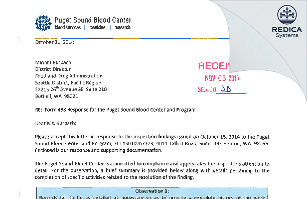 FDA 483 Response - Bloodworks [Renton / United States of America] - Download PDF - Redica Systems