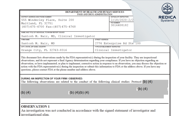 FDA 483 - Santosh M. Nair, MD [Orange City / United States of America] - Download PDF - Redica Systems