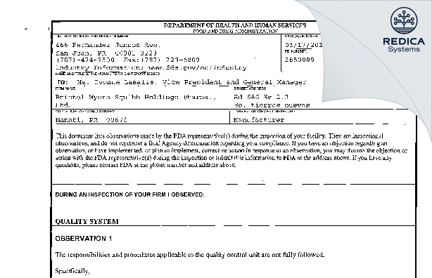 FDA 483 - Bristol-Myers Squibb Holdings Pharma, Ltd. Liability Company [Rico / United States of America] - Download PDF - Redica Systems