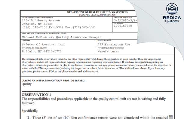 FDA 483 - Safetec of America, Inc. [New York / United States of America] - Download PDF - Redica Systems