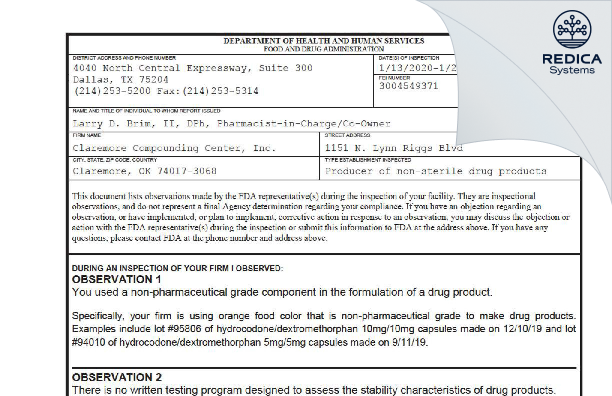 FDA 483 - Claremore Compounding Center, Inc. [Claremore / United States of America] - Download PDF - Redica Systems