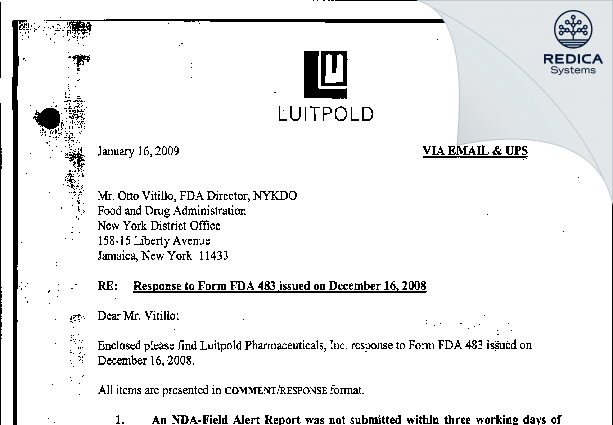FDA 483 Response - American Regent, Inc. [New York / United States of America] - Download PDF - Redica Systems