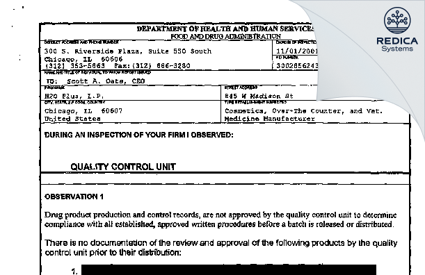 FDA 483 - H2O Plus, LLC [Chicago / United States of America] - Download PDF - Redica Systems