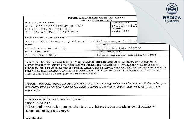 FDA 483 - Chiquita Brands Intl Inc [Jose / Costa Rica] - Download PDF - Redica Systems