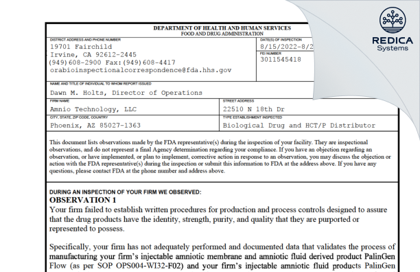 FDA 483 - Amnio Technology, LLC [Phoenix / United States of America] - Download PDF - Redica Systems