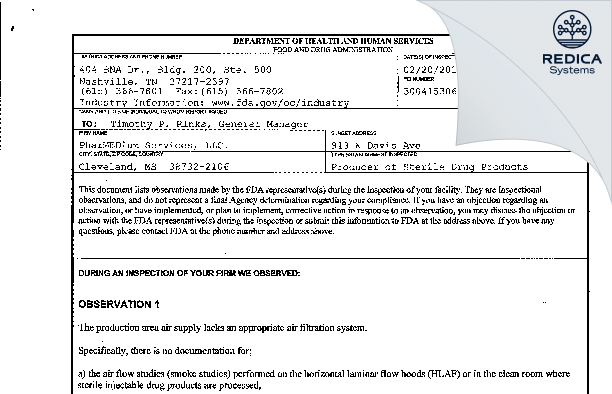 FDA 483 - PharMEDium Services, LLC. [Cleveland / United States of America] - Download PDF - Redica Systems