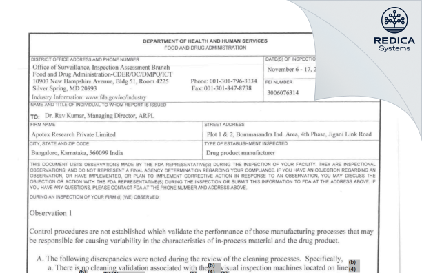 FDA 483 - Apotex Research Private Limited [Bangalore / India] - Download PDF - Redica Systems