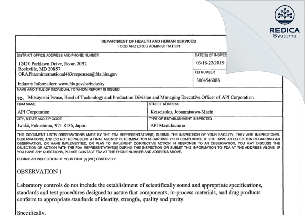 FDA 483 - International Chemical Entity Japan Co.,Ltd. [Iwaki / Japan] - Download PDF - Redica Systems