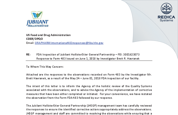 FDA 483 Response - Jubilant HollisterStier General Partnership [Kirkland / Canada] - Download PDF - Redica Systems