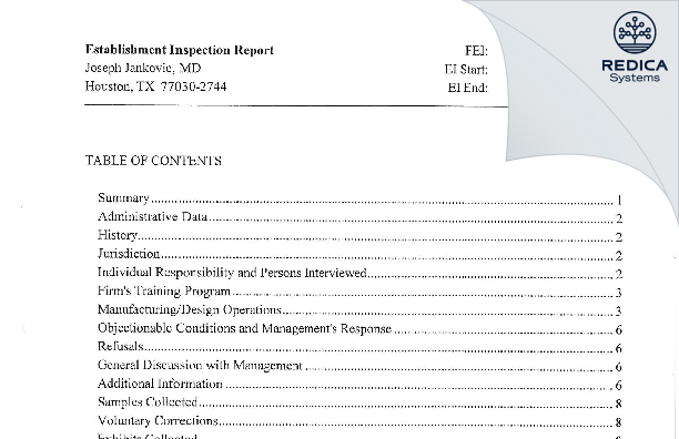 EIR - Joseph Jankovic, MD [Houston / United States of America] - Download PDF - Redica Systems