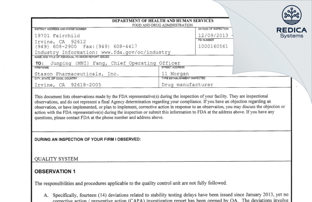 FDA 483 - Stason Pharmaceuticals, Inc. [Irvine / United States of America] - Download PDF - Redica Systems