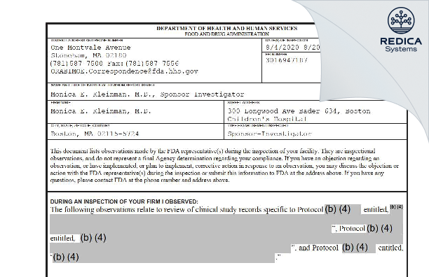 FDA 483 - Monica E. Kleinman, M.D. [Boston / United States of America] - Download PDF - Redica Systems