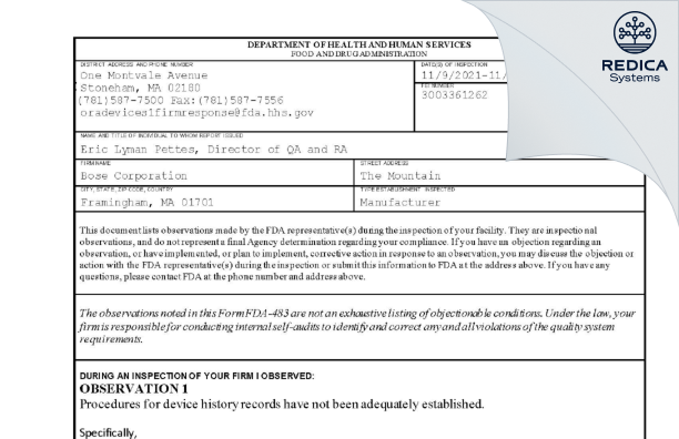 FDA 483 - Bose Corporation [Framingham / United States of America] - Download PDF - Redica Systems
